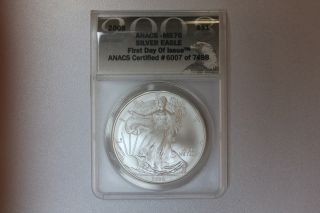 Us 2008 American Silver Eagle Coin Certified Anacs Ms70 1oz.  999 Fdoi Dollar photo