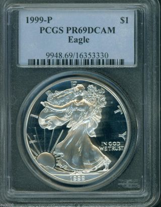 1999 - P American Silver Eagle S$1 Pcgs Pf69 Pr69 Proof Deep Cameo photo