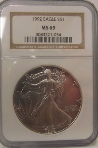 1992 Silver Eagle Ms 69 Ngc $1.  999 Fine Silver 1 Oz.  Usa Ase photo