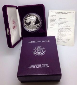 1988 - S American Eagle 1oz.  Silver Builion Proof Coin,  Orig.  Boxes, .  5186 photo