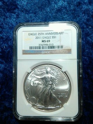 2011 Silver American Eagle Coin - Ms - 69 Ngc - 25th Anniversary Ngc Label photo