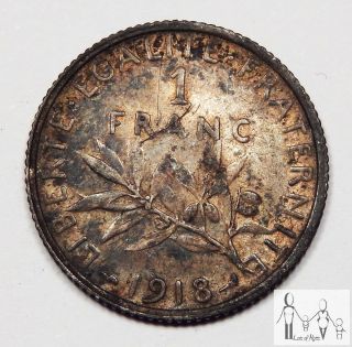 1918 France Very Fine Vf 1 Franc 83.  5% Silver.  1342 Asw A38 photo