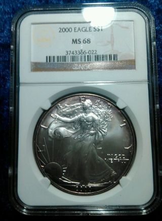 2000 Silver American Eagle Ngc Ms 68.  With Rim Toning photo