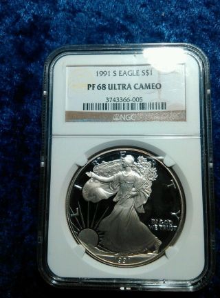 1991 - S American Silver Eagle Proof.  Ngc Pf 68 Ultra Cameo photo
