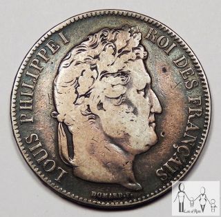 1843 W France Very Fine Vf Toned 5 Francs 90% Silver.  7234 Asw B28 photo