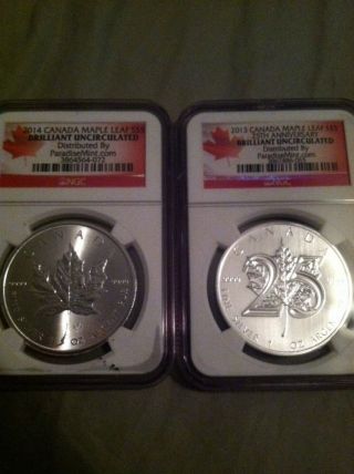 2013 & 2014 1oz Silver Canadian Maple Leaf - Brilliant Uncirculated photo