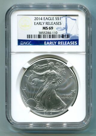 2014 American Silver Eagle Ngc Ms69 Early Release Blue Premium Quality Pq Coin photo