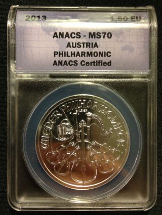 2013,  Anacs - Ms70,  Austria Philharmonic 1oz Silver Coin - 1,  50eu - photo