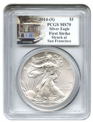 2014 - S Silver Eagle $1 Pcgs Ms70 (first Strike,  Trolley Car Label) photo