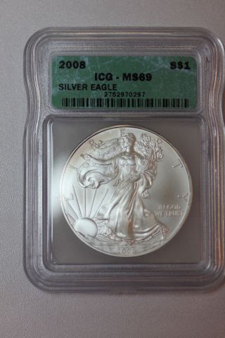 Us 2008 American Silver Eagle Coin Certified Icg Ms69 1oz.  999 Silver Dollar Bu photo