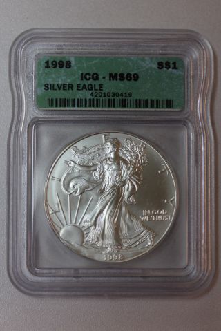 Us 1998 American Silver Eagle Coin Certified Icg Ms69 1oz.  999 Silver Dollar Bu photo