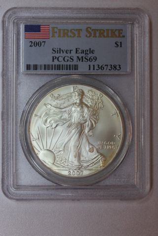 Us 2007 Silver Eagle Dollar Unc Bu Pcgs Ms69 First Strike Coin Certified 1367383 photo