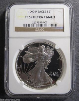 1999 P American Eagle Silver Dollar.  999 Fine Pf 69 Ultra Cameo (cc 72) photo