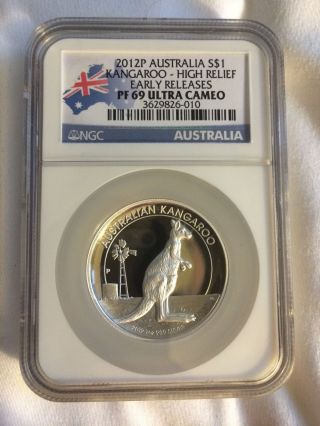 2012p Silver Australia High Relief Kangaroo Ngc Pf69uc Early Releases photo