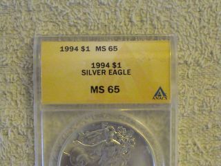 1994 Ms65 Anacs Silver Eagle Rare Key Date Low Mintage.  999% Silver photo