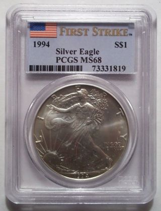 1994 Silver American Eagle Dollar 1 Oz Pcgs Ms68 First Strike Flag Label Rare photo