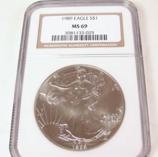 1989 P American Eagle One Dollar Ngc Ms 69 Fine Silver Graded Brown Label 1 Coin photo