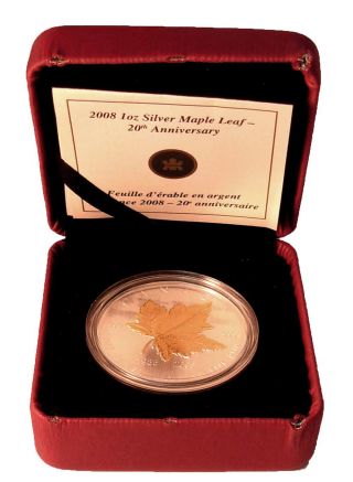 2008 $5 Canadian Maple Leaf 1oz Fine Silver 20th Anniversary Limited Edition photo