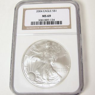 2004 P American Eagle Fine Silver Dollar One Ngc Ms 69 Brown Label Frosty 1 Coin photo