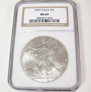2002 P American Eagle One Dollar Ngc Ms 69 Fine Silver Brown Label Frosty 1 Coin photo