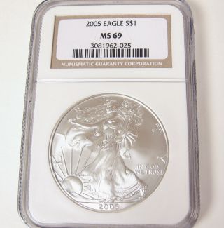2005 P American Eagle Fine Silver Dollar One Ngc Ms 69 Brown Label Frosty 1 Coin photo