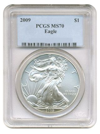 2009 American Silver Eagle $1 Coin,  (blue Label).  Pcgs Graded Ms70,  Spot Reverse photo