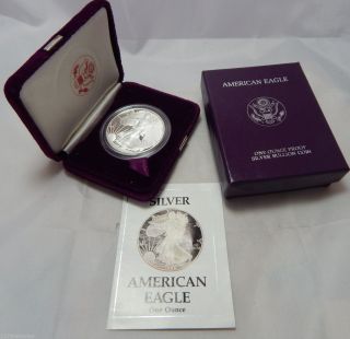 1988 Proof American Silver Eagle Dollar Bullion Coin W/ Case,  Box & photo