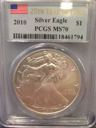 2010 Silver Eagle,  25th Year Of Issue,  Pcgs Ms70 (5 Of 5) photo