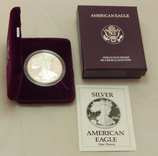 1990 - S Proof American Silver Eagle Dollar Bullion Coin W/ Case,  Box & photo
