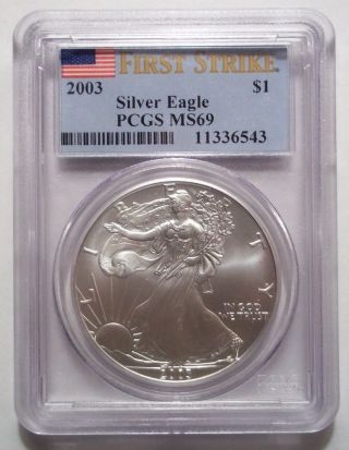 2003 Silver American Eagle Dollar $1 Pcgs Ms69 First Strike Rare photo