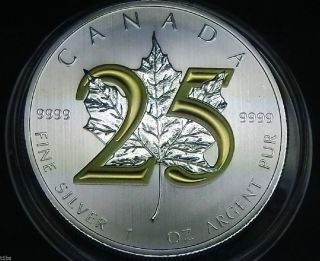 2013 Canada $5 Gilded Silver Maple Leaf 1 Oz 9999 25th Anniversary photo