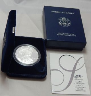 2006 - W Proof American Silver Eagle Dollar Bullion Coin W/ Box & photo