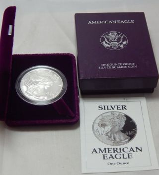 1992 - S Proof American Silver Eagle Dollar Bullion Coin W/ Case,  Box & photo