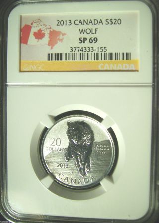 2013 Canada S$20 Wolf Silver Satin Strike - Ngc Sp69 Flag Label - Only 45 Finer photo
