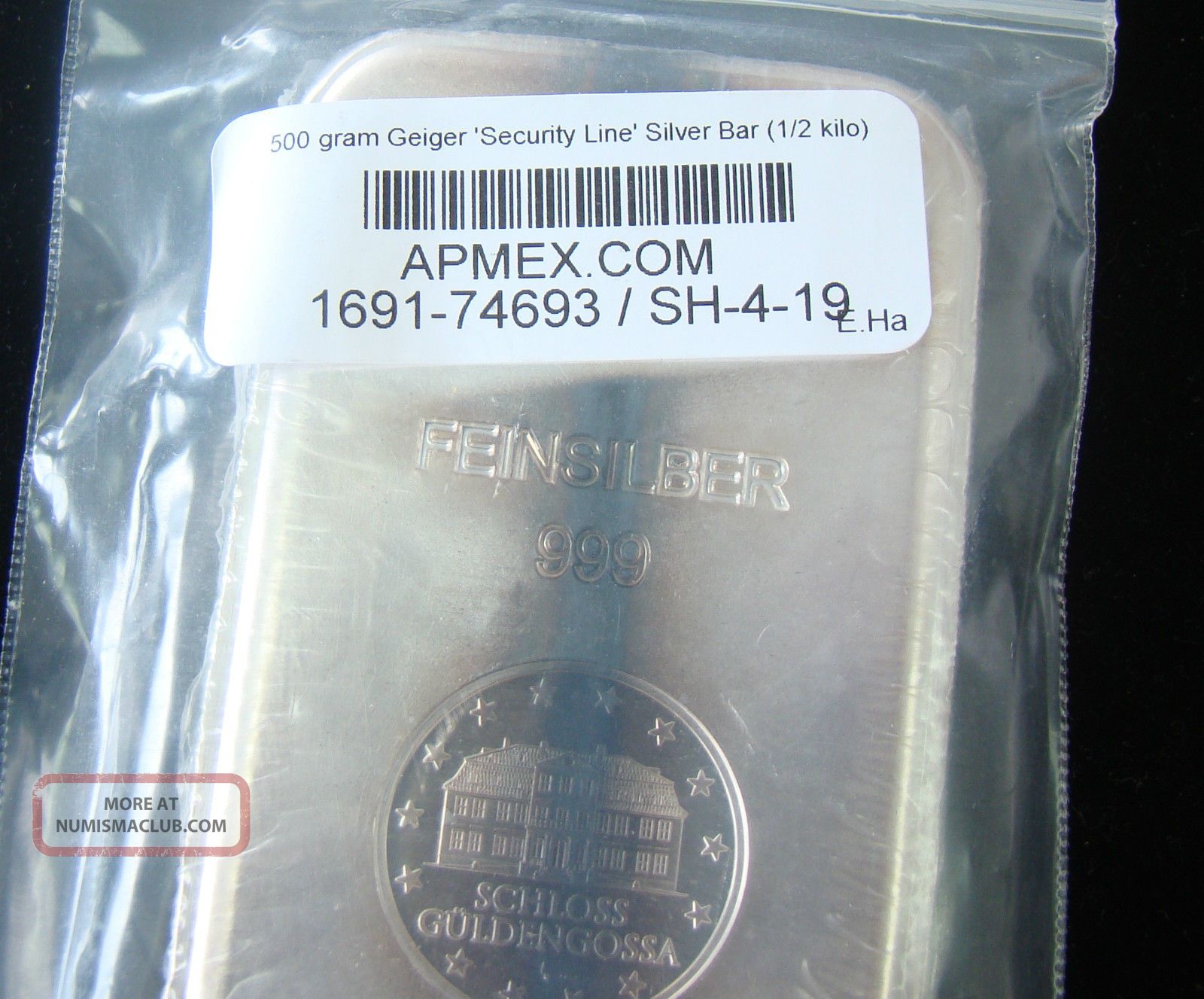 500 Gram 1/2 Kilo, Geiger Security Line Silver Bar. 999 Fine Silver