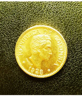 1928 Republic Of Columbia.  2354 Oz.  Cinco Pesos Gold Coin Bu Bullion photo