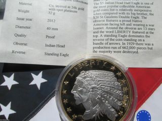 Standing Eagle Indian Head In 999 Pure Patinum & 24k Goldw/ photo