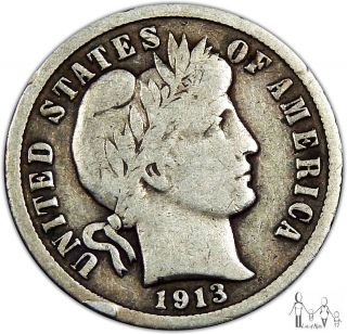 1913 (p) Very Good Vg Barber Silver Dime 10c Us Coin A30 photo