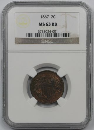 1867 Two - Cent Piece 2c Ms 63 Rb Red Brown Ngc photo