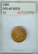 1881 Indian Cent Top Grade State Red. Small Cents photo 2