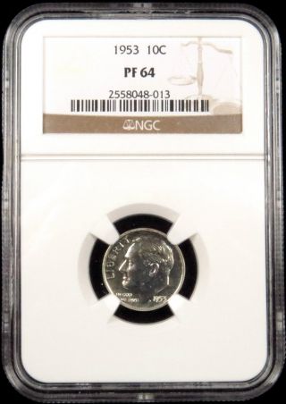 1953 Proof 90% Silver Roosevelt Dime Certified Ngc Pf (pr) 64 Toned photo