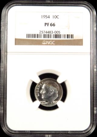 1954 Proof 90% Silver Roosevelt Dime Certified Ngc Pf (pr) 66 Toned photo