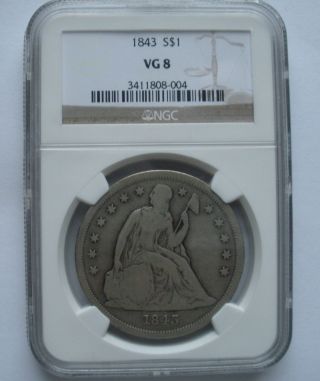 1843 Seated Liberty Silver Dollar - Ngc Graded Vg 8 photo