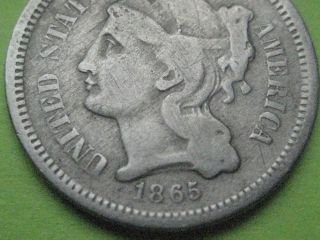 1865 Three 3 Cent Nickel - Old Civil War Type Coin photo