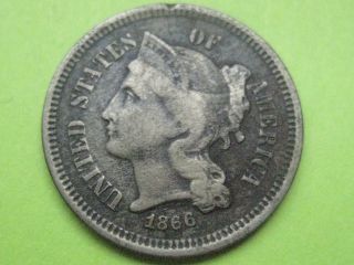 1866 Three 3 Cent Nickel - Fine/vf Details - Die Cracks? photo