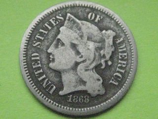 1868 Three 3 Cent Nickel - Vg/very Good Details photo