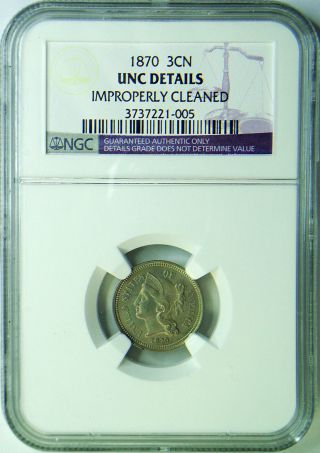 1870 3cn Three Cent Nickel Ngc Unc - Details Uncirculated Details 3 Cent Peice photo