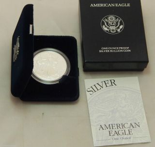 1998 Proof American Silver Eagle Dollar Bullion Coin W/ Case,  Box & photo