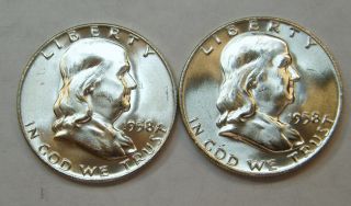 Two (2) 1958 - D Franklin Half Dollars,  Gem State Uncirculated,  Fbl ' S photo