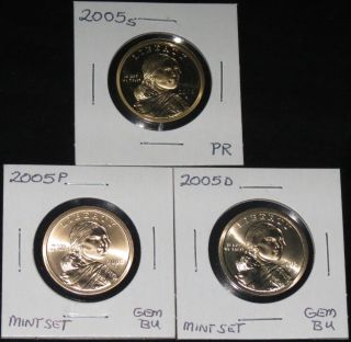2005p & D Gem Bu And 2005s Proof Sacagawea Dollars photo